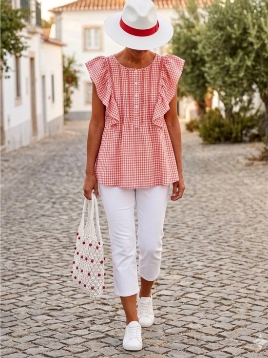 Max Studio Tops - Max Studio ~ Red & White Gingham Flutter Sleeve Blouse - Medium